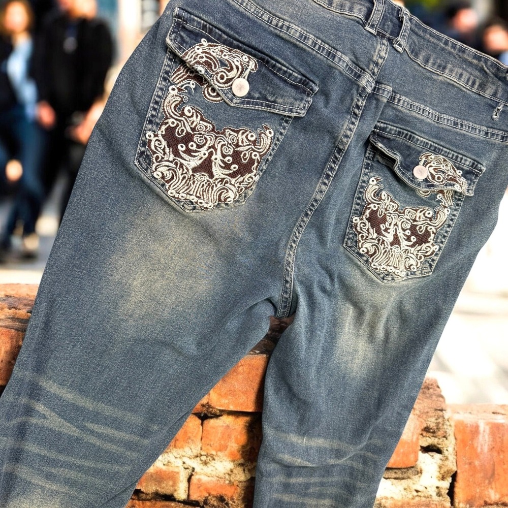 Romwe Jeans Women 1XL‎ Blue Embroidered Flap Pocket Flare Denim Gothic Y2K Pants